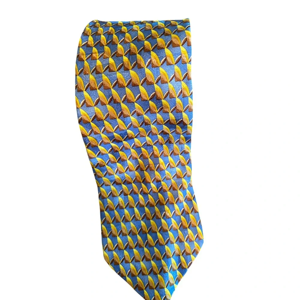 Ermenegildo Zegna Silk Tie Blue Gold‎ Geometric Abstract Made in Italy Mens